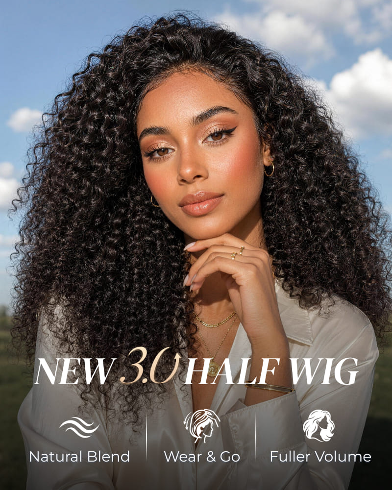 Arabella 3 In 1 Half Wig Afro Kinky Curly Wig Invisible Drawstring Natural Black Endless Styles No Glue No Lace Install