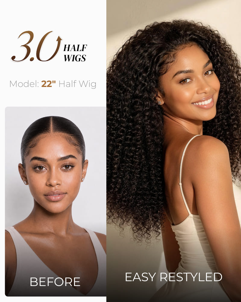 Arabella 3 In 1 Half Wig Afro Kinky Curly Wig Invisible Drawstring Natural Black Endless Styles No Glue No Lace Install
