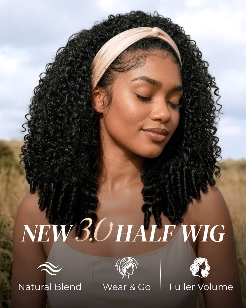 Arabella 3 In 1 Half Wig Jerry Curly with Burmese Curly Wig Invisible Drawstring Natural Black Endless Styles No Glue No Lace Install
