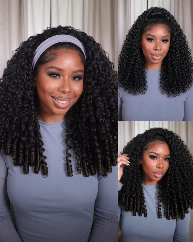 Arabella 3 In 1 Half Wig Jerry Curly with Burmese Curly Wig Invisible Drawstring Natural Black Endless Styles No Glue No Lace Install