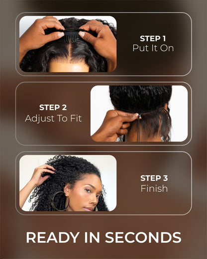 Arabella 3 In 1 Half Wig Jerry Curly with Burmese Curly Wig Invisible Drawstring Natural Black Endless Styles No Glue No Lace Install