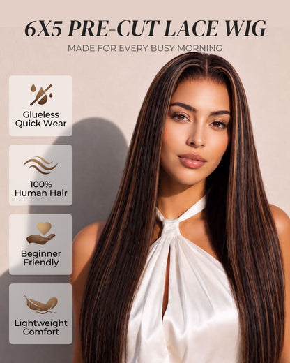 Arabella 6x5 invisible knots Glueless Auburn Highlights on Black Hair Body Wave Wig Invisible Knots Realistic Hairline