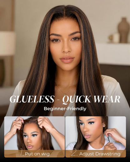 Arabella 6x5 invisible knots Glueless Auburn Highlights on Black Hair Body Wave Wig Invisible Knots Realistic Hairline