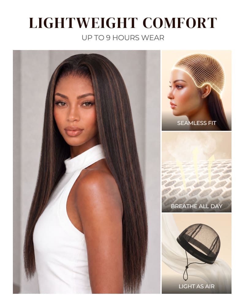 Arabella 6x5 invisible knots Glueless Auburn Highlights on Black Hair Body Wave Wig Invisible Knots Realistic Hairline