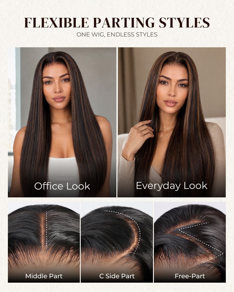 Arabella 6x5 invisible knots Glueless Auburn Highlights on Black Hair Body Wave Wig Invisible Knots Realistic Hairline
