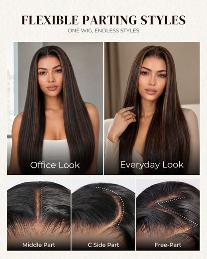 Arabella 6x5 invisible knots Glueless Auburn Highlights on Black Hair Body Wave Wig Invisible Knots Realistic Hairline