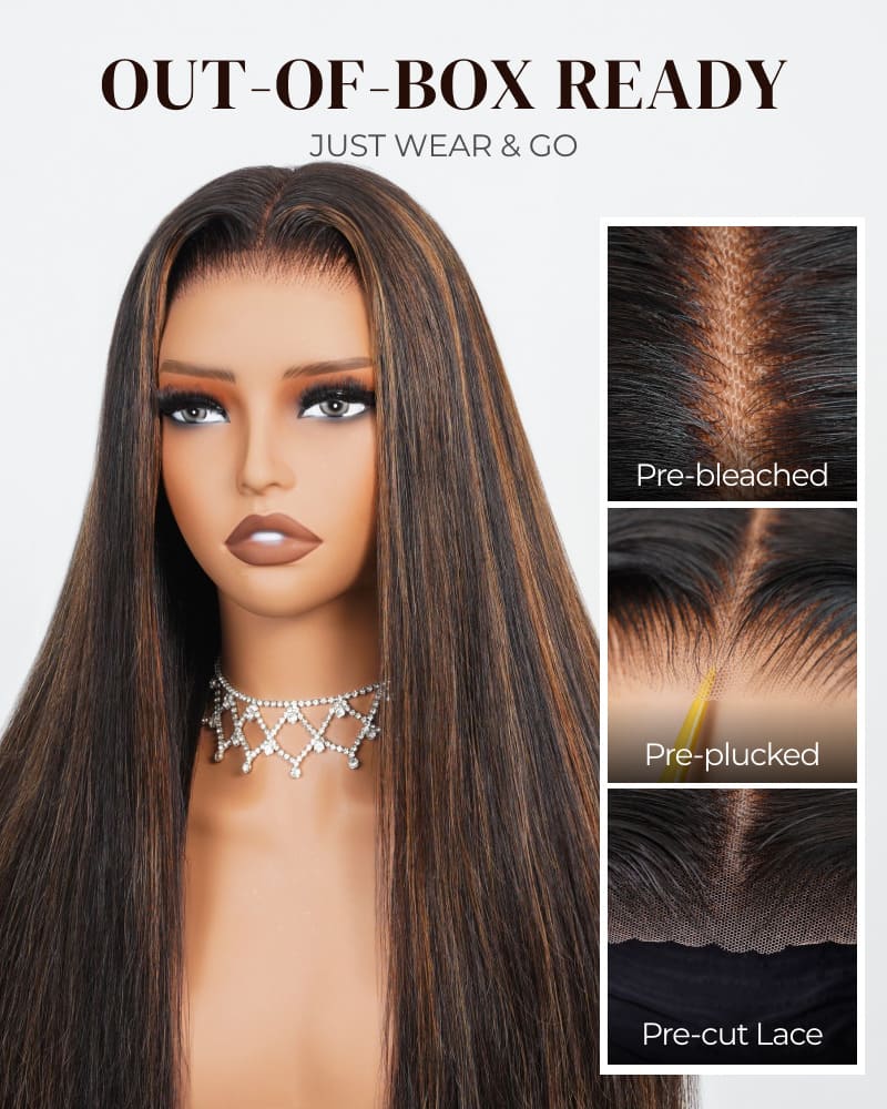 Arabella 6x5 invisible knots Glueless Auburn Highlights on Black Hair Body Wave Wig Invisible Knots Realistic Hairline