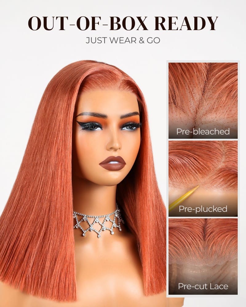 Arabella 6x5 Invisible Knots Glueless Ginger Brown Straight Bob Wig Pre-cut Lace Beginner Friendly