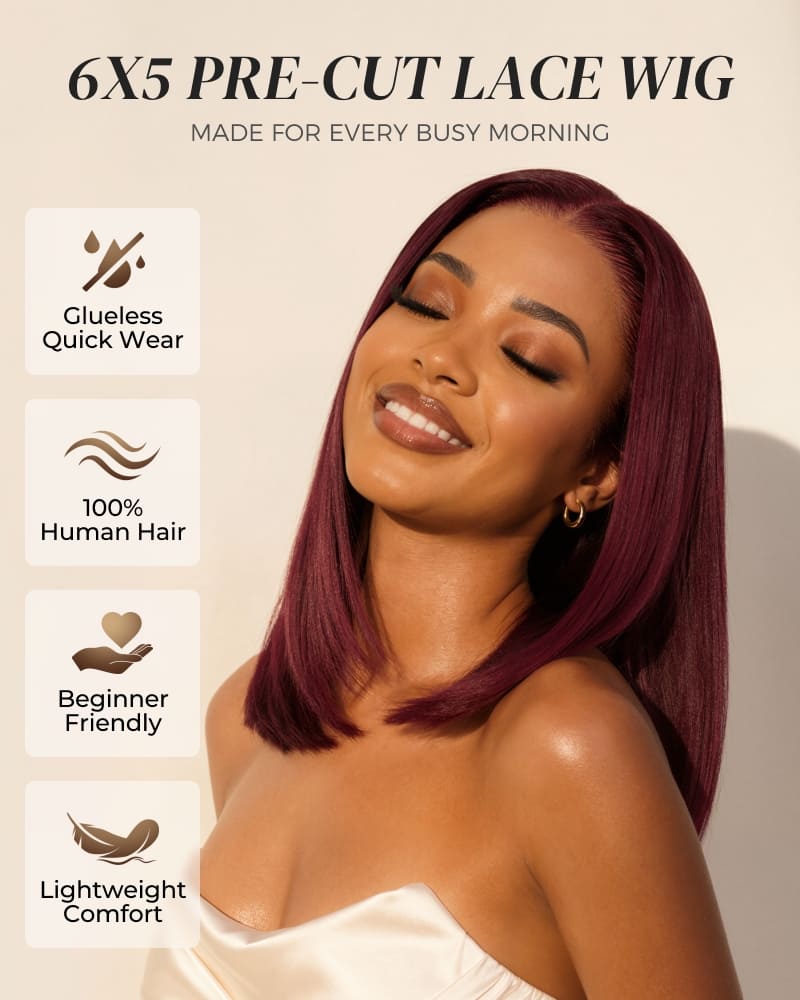Arabella 6x5 Invisible Knots Glueless Dark Plum Straight Bob Wig Pre-cut Lace Beginner Friendly