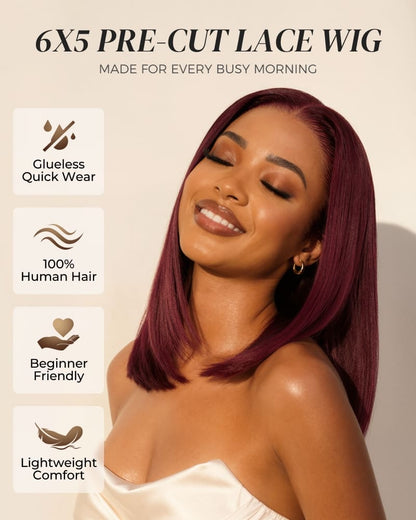 Arabella 6x5 Invisible Knots Glueless Dark Plum Straight Bob Wig Pre-cut Lace Beginner Friendly