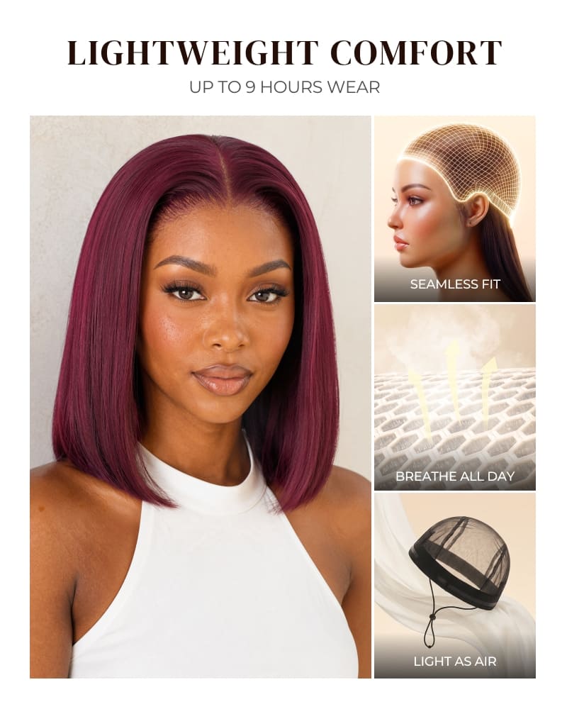 Arabella 6x5 Invisible Knots Glueless Dark Plum Straight Bob Wig Pre-cut Lace Beginner Friendly