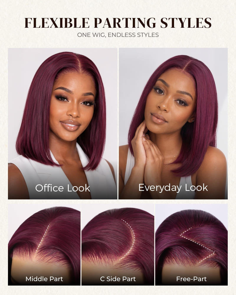 Arabella 6x5 Invisible Knots Glueless Dark Plum Straight Bob Wig Pre-cut Lace Beginner Friendly
