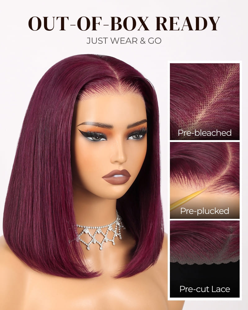 Arabella 6x5 Invisible Knots Glueless Dark Plum Straight Bob Wig Pre-cut Lace Beginner Friendly