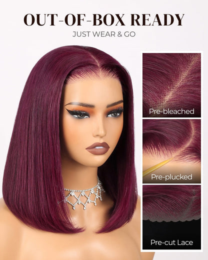 Arabella 6x5 Invisible Knots Glueless Dark Plum Straight Bob Wig Pre-cut Lace Beginner Friendly