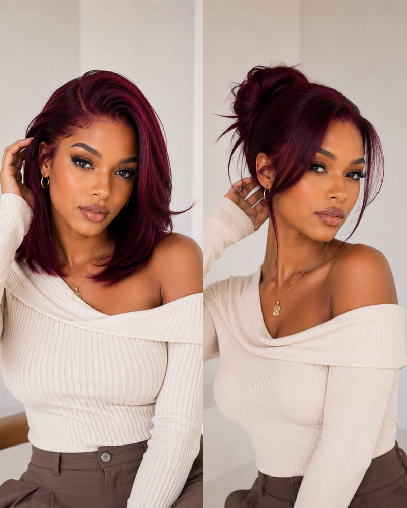 Arabella 6x5 Invisible Knots Glueless Dark Plum Straight Bob Wig Pre-cut Lace Beginner Friendly