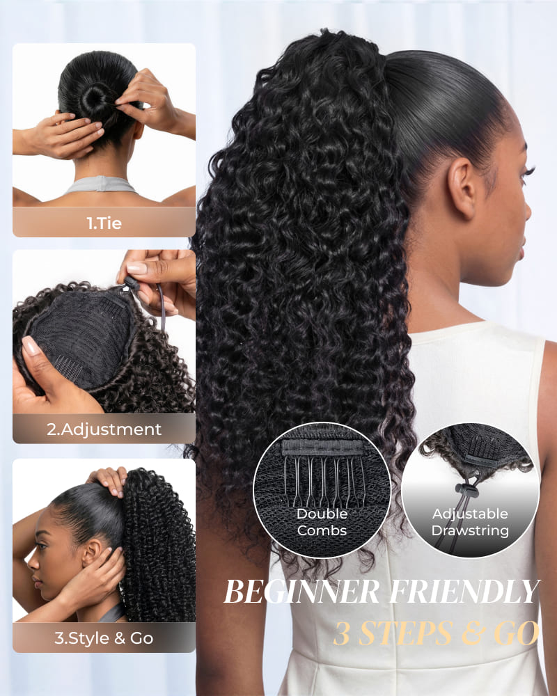Arabella Water Wave Ponytail Natural Black Hair Extensions Instant Volume 100% Human Hair