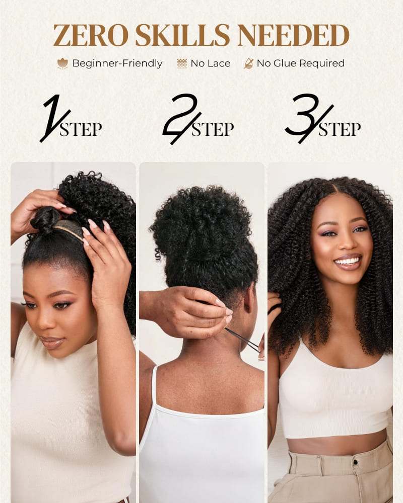 Arabella V-Part Natural Black Afro Kinky Curly Wig + Crochet Hair Invisi Drawstring Upgrade Clip