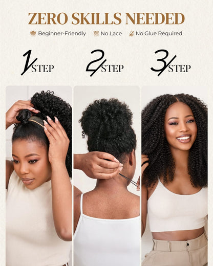 Arabella V-Part Natural Black Afro Kinky Curly Wig + Crochet Hair Invisi Drawstring Upgrade Clip