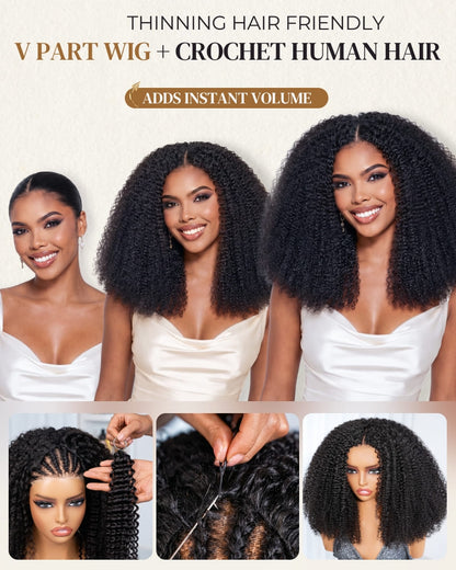 Arabella V-Part Natural Black Afro Kinky Curly Wig + Crochet Hair Invisi Drawstring Upgrade Clip