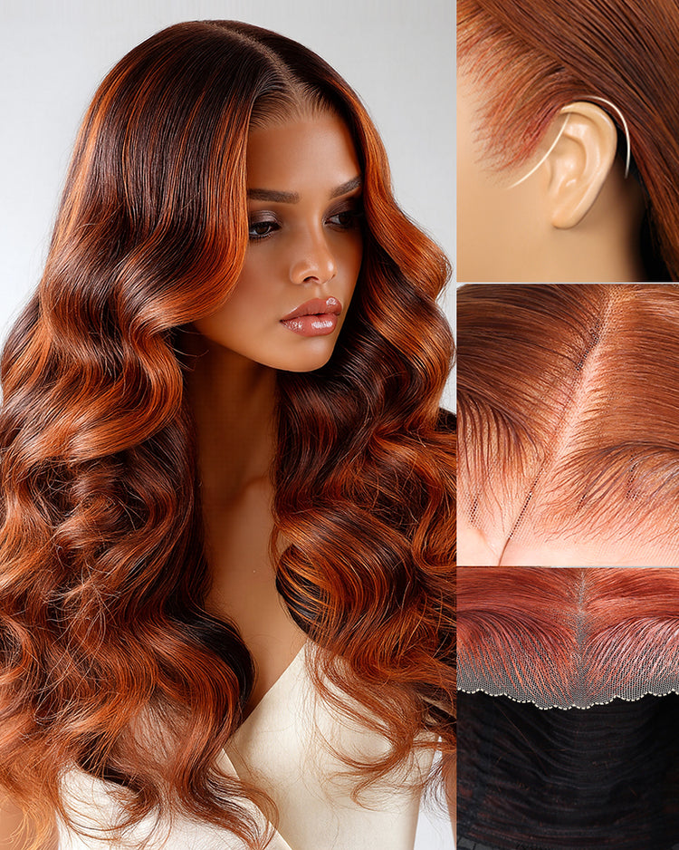 000Value Set | Arabella 13x6 Three-Go™ Auburn Highlights Brown Hair Glueless Wig Loose Body Wave With Drawstring 26 +$49 Get A 6x6 lace Jerry Curly Bob Wig