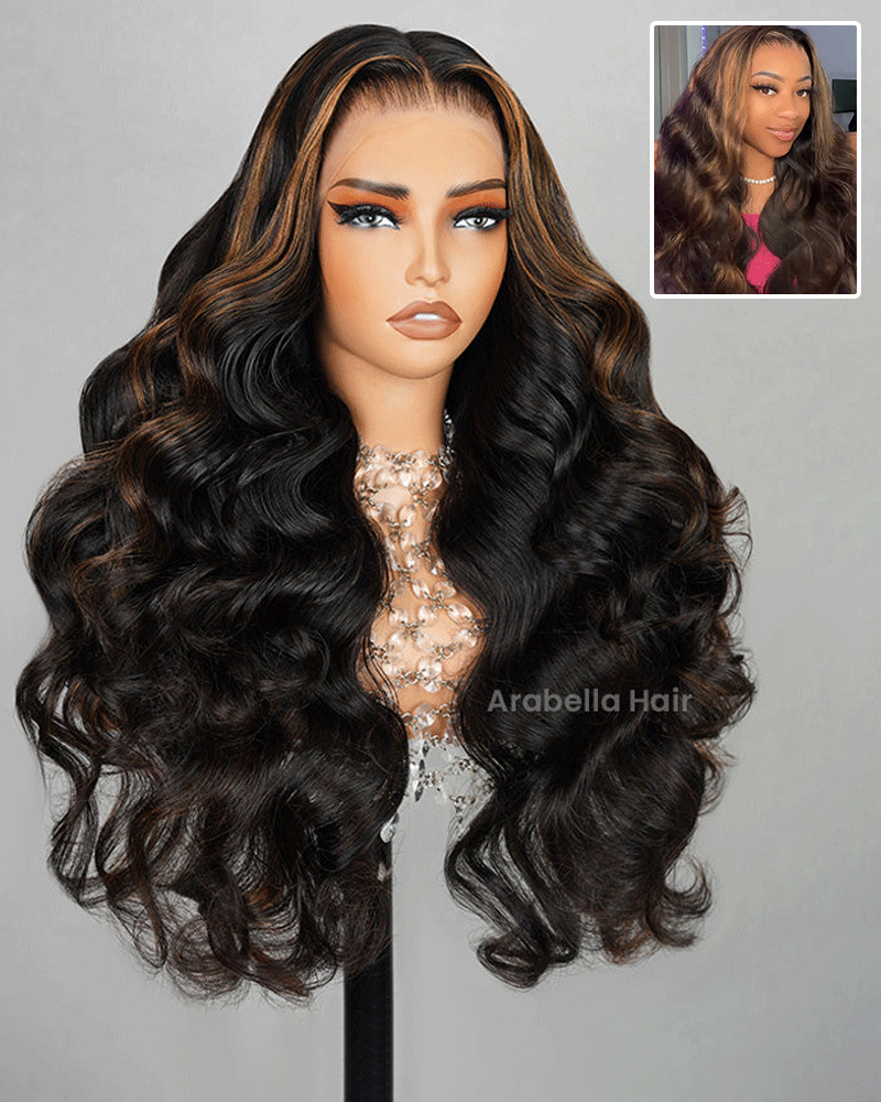 Arabella 6x5 invisible knots Glueless Auburn Highlights on Black Hair Body Wave Wig Invisible Knots Realistic Hairline Body Wave
