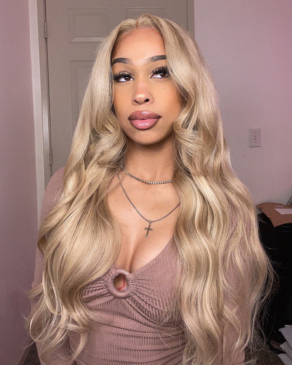 Arabella 13x4 Frontal Lace &amp; 6x5 Invisible Knots Glueless Blonde Khaki Highlight Body Wave Wig Invisible Knots