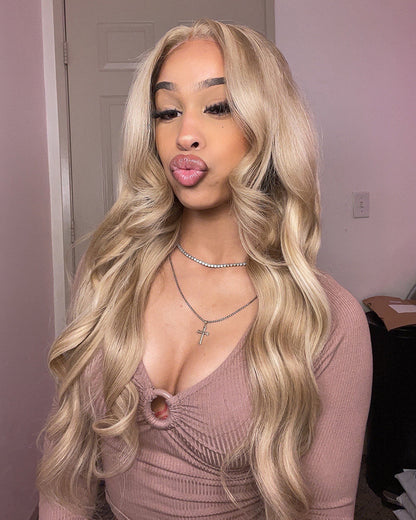 Arabella 13x4 Frontal Lace &amp; 6x5 Invisible Knots Glueless Blonde Khaki Highlight Body Wave Wig Invisible Knots
