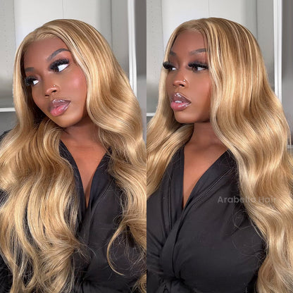 Arabella 13x4 Frontal Lace &amp; 6x5 Invisible Knots Glueless Blonde Khaki Highlight Body Wave Wig Invisible Knots