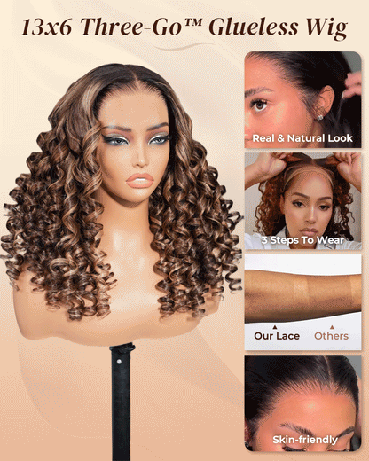 Arabella 13x6 Three-Go™ Ombre Highlight Honey Blonde Glueless Wig Wand Curl With Drawstring 100% Human Hair Wig