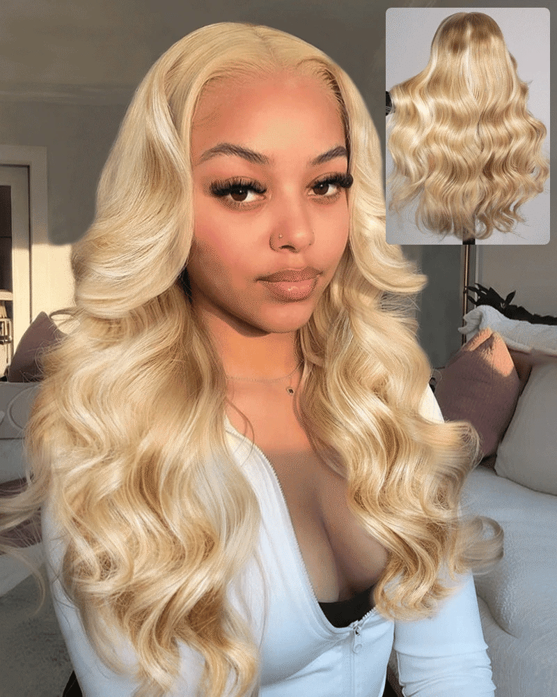 side view and back view: 13x6 lace front gluless loose body wave blonde wigs human hair arabella hair