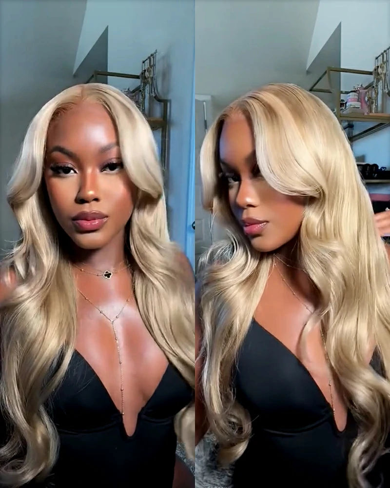 13x6 lace long body wave blonde wig front &amp; side view arabella hair