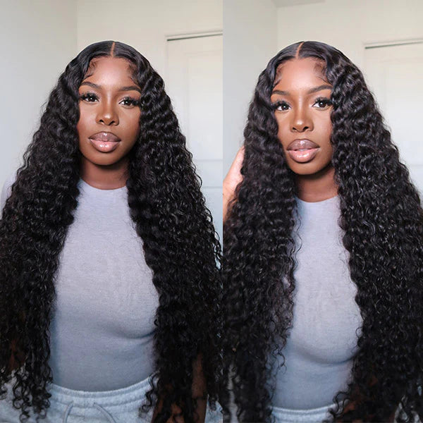 Arabella 6x5 Invisible Knots Glueless &amp; 13x4 Frontal Lace Deep Wave Wig Pre-cut Lace Natural Black Beginner Friendly