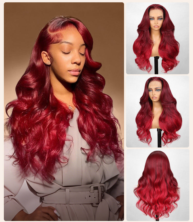 Collage of Cherry Red Wig on Model and Mannequin