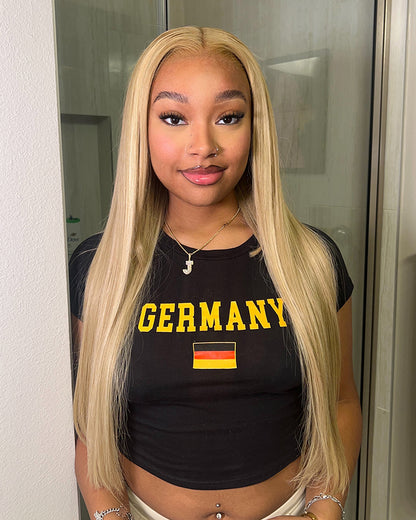 Arabella 6x5 Invisible Knots &amp; 13x4 Frontal Lace Blonde Khaki Highlight Straight Wig Invisible Knots Realistic Hairline