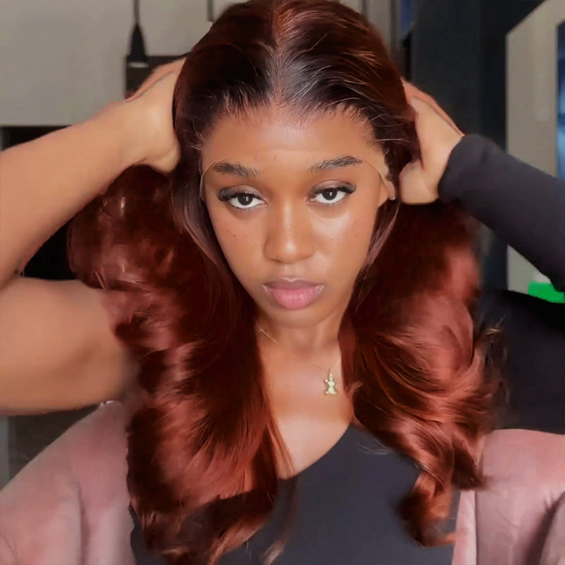 【BOGO】Ombre Brown Wig with Reddish Brown Loose Body Wave Glueless 6-Inch Deep Lace Middle Part Human Hair