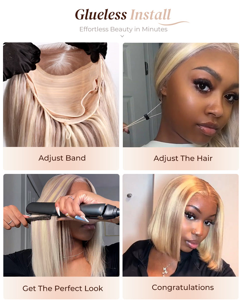 Arabella 6x5 Invisible Knots Glueless Blonde Highlight Straight Bob Wig Pre-cut Lace Beginner Friendly