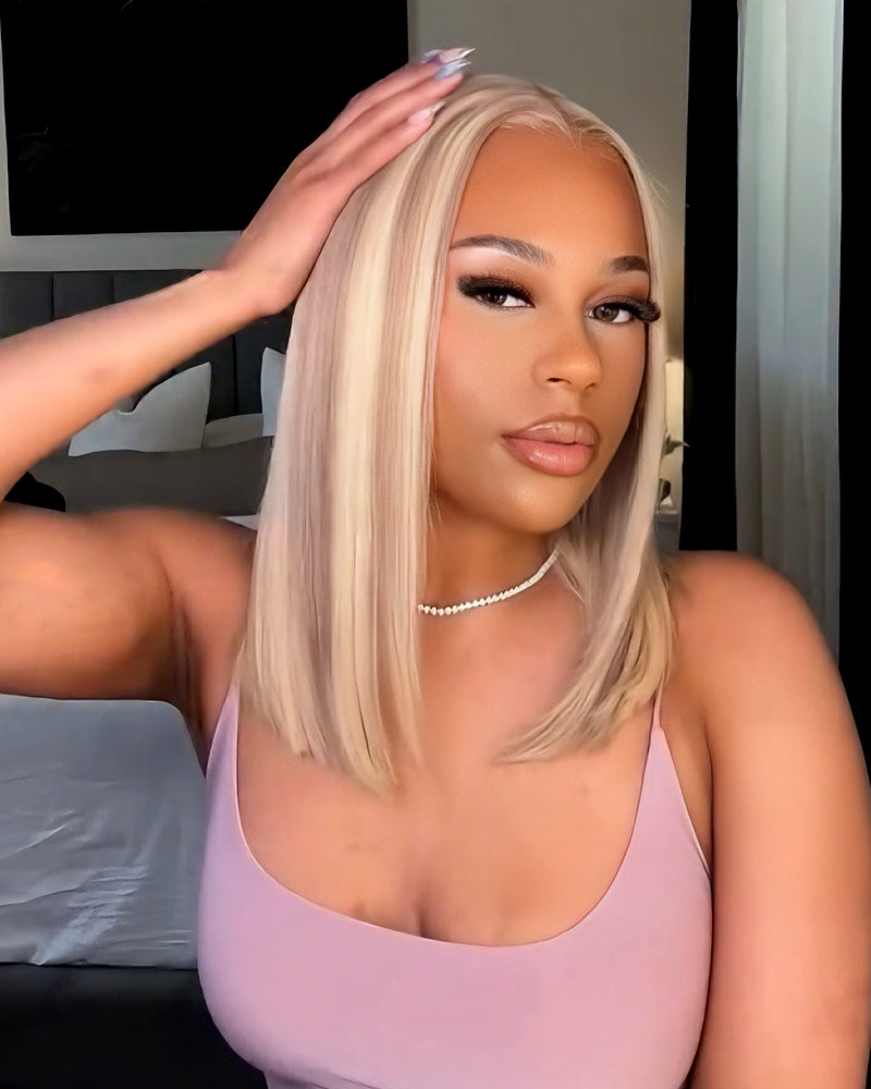 Arabella 6x5 Invisible Knots Glueless Blonde Highlight Straight Bob Wig Pre-cut Lace Beginner Friendly