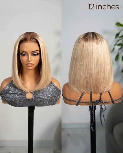 Arabella Hair glueless blonde bob wig—front hairline and back volume comparison