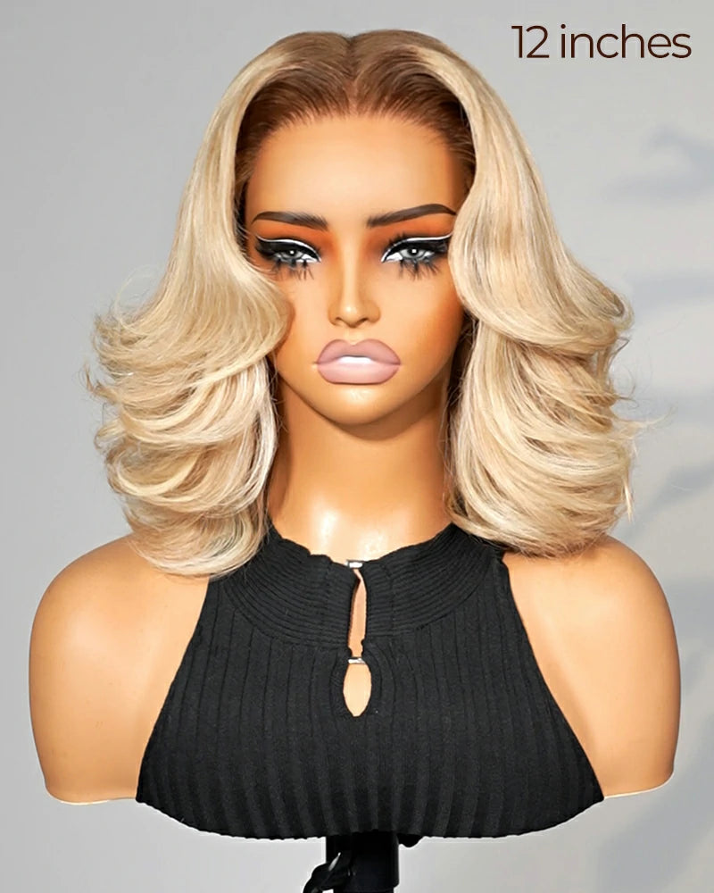 Arabella Hair 12-inch blonde loose wave bob wig human hair wig—soft texture and curl detail