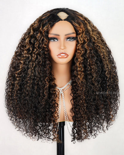 Arabella V-Part Lace Glueless Auburn Highlights on Black Hair Jerry Curly Wig Invisi Drawstring Clip &amp; Go