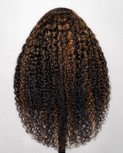 Arabella V-Part Lace Glueless Auburn Highlights on Black Hair Jerry Curly Wig Invisi Drawstring Clip &amp; Go