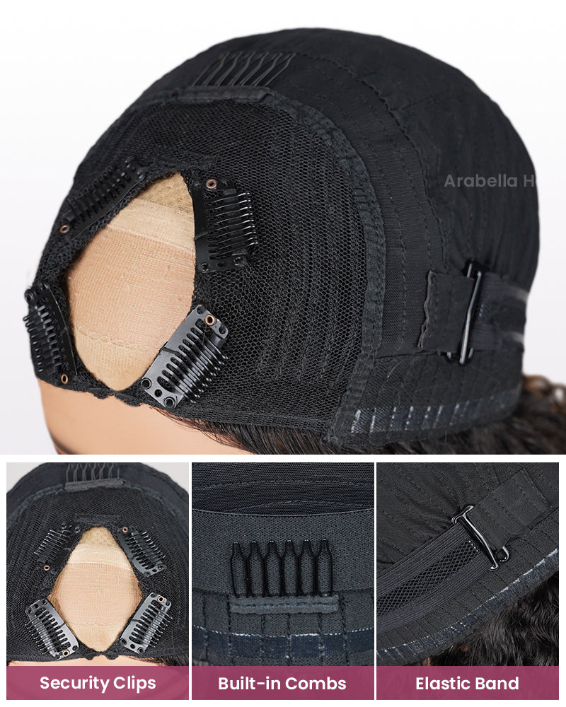 Arabella V-Part Lace Glueless Auburn Highlights on Black Hair Jerry Curly Wig Invisi Drawstring Clip &amp; Go