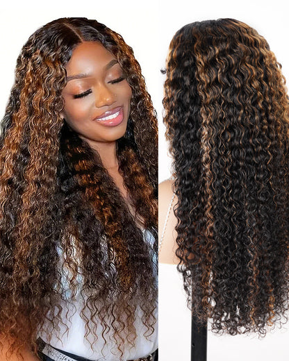 Arabella V-Part Lace Glueless Auburn Highlights on Black Hair Jerry Curly Wig Invisi Drawstring Clip &amp; Go