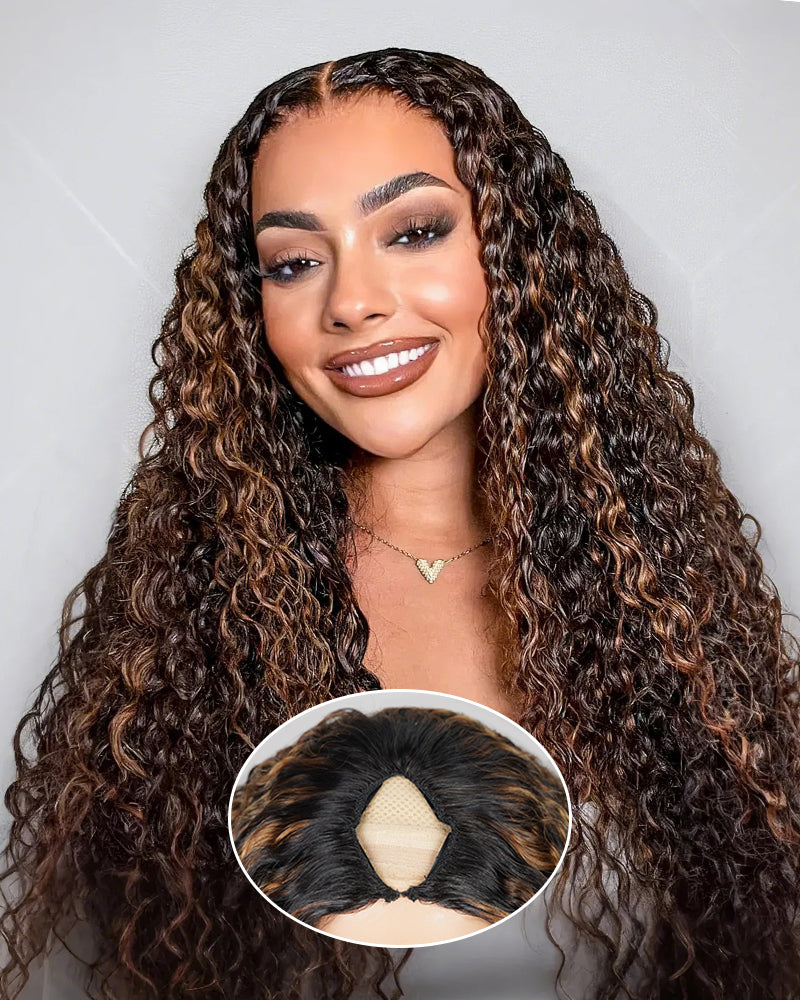 Arabella V-Part Lace Glueless Auburn Highlights on Black Hair Jerry Curly Wig Invisi Drawstring Clip &amp; Go