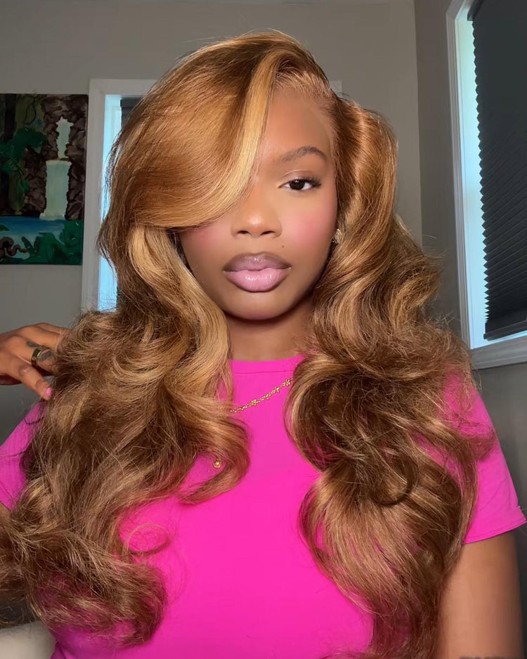 Arabella 13x4/6x5 Lace Honey Blonde Highlights On Brown Wig Body Wave Wig Invisible Knots Realistic Hairline