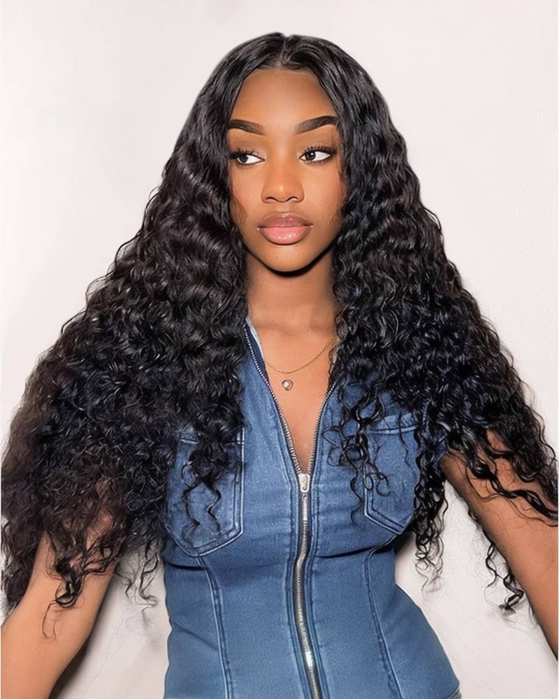 000Deep Wave Natural Black Curly Glueless 4x4 Lace Human Hair Wigs