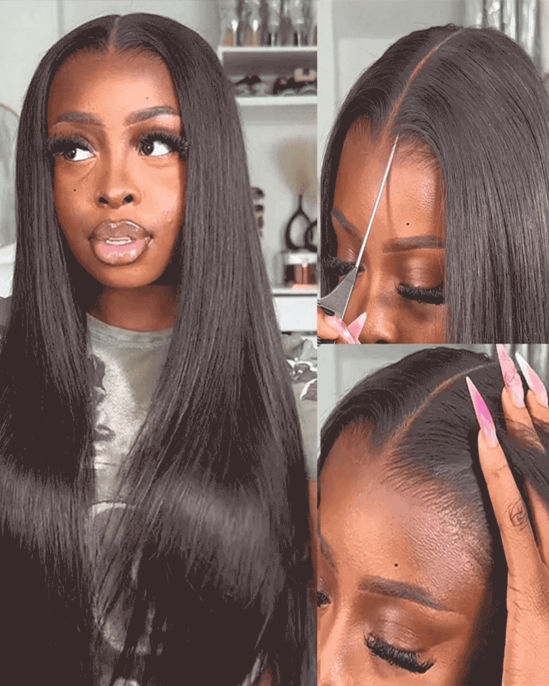 Arabella 6x5 Invisible Knots Glueless &amp; 13x4 Frontal Lace Silky Straight Wig Pre-cut Lace Natural Black Beginner Friendly