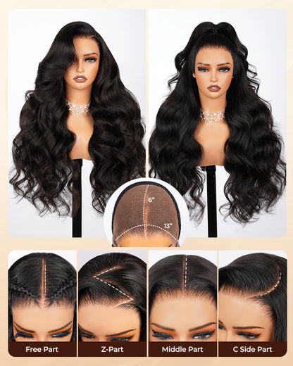 Arabella 13x6 Three-Go™ Glueless Wig Body Wave With Drawstring Natural Black 100% Human Hair Wig