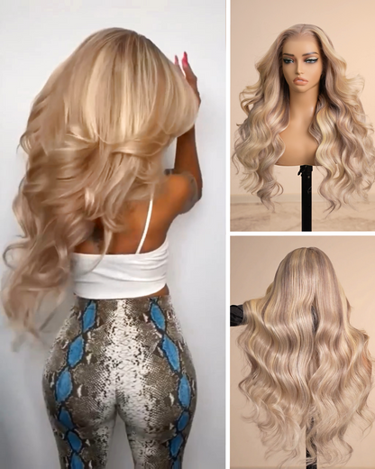 Arabella 13x4 Frontal Lace Blonde Highlight Body Wave/Silky Straight Colored Wig Invisible Knots Realistic Hairline Blowout In Wavy