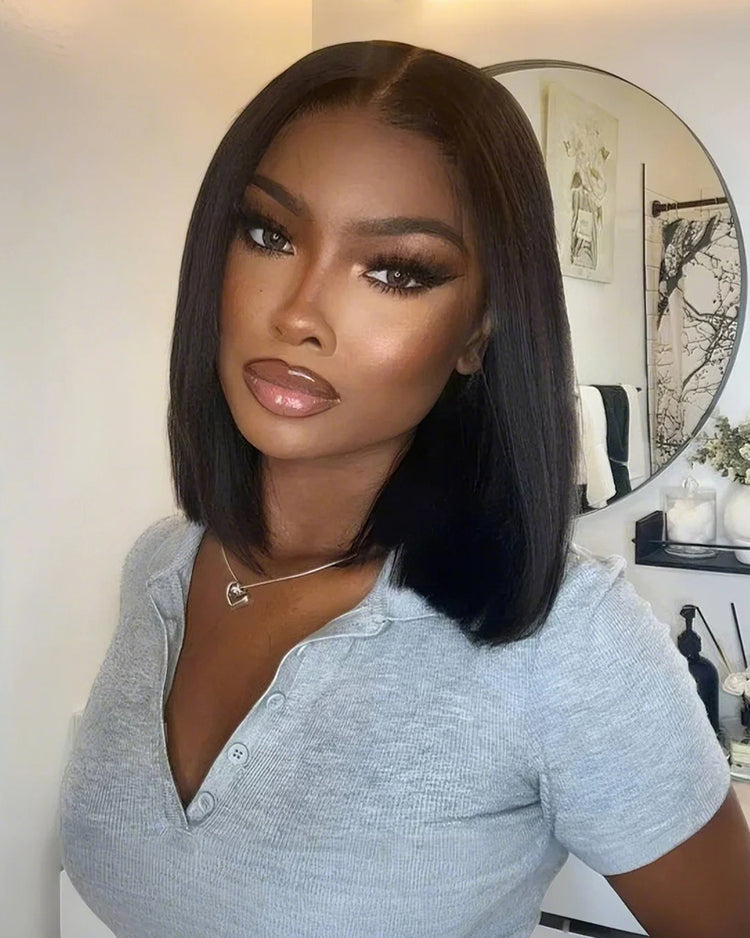 Arabella 6x5 Invisible Knots Glueless &amp; 13x4 Frontal Lace Straight Bob Wig Pre-cut Lace Natural Black Beginner Friendly